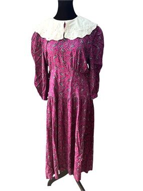 NATALIE Deadstock Vintage 80s Maxi Dress Floral Print Peter Pan Collar Size 16